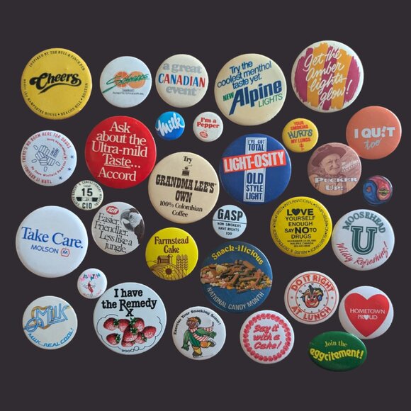 Vintage Food, Drink & Health Pinback Lot — 70s–90s Promos (Set of 31) - Picture 1 of 1